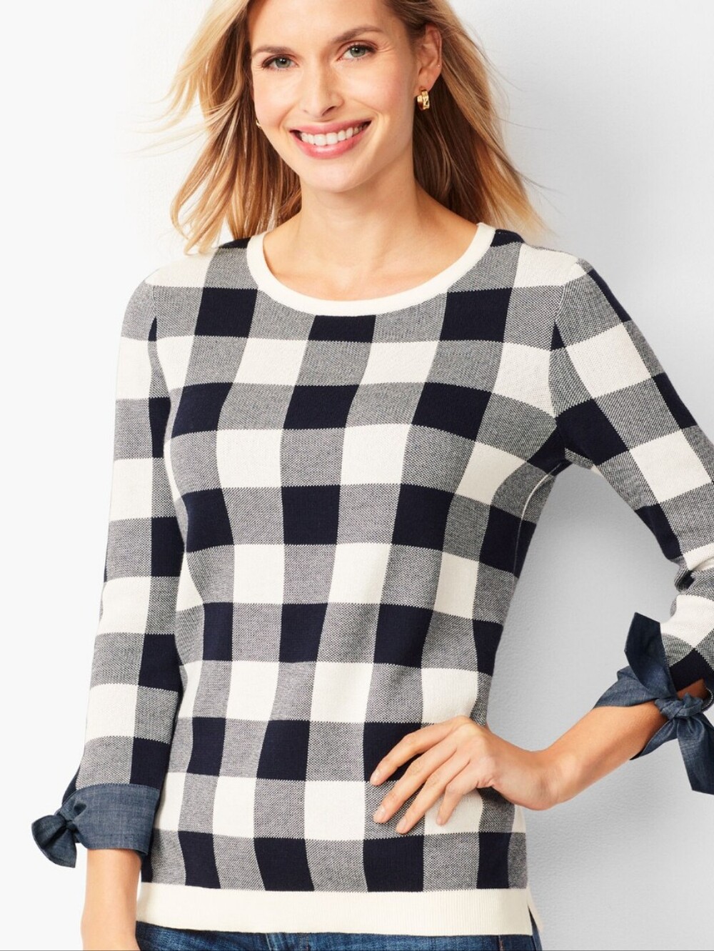 Talbots Navy and White Buffalo Plaid Long Sleeve Knit Top
